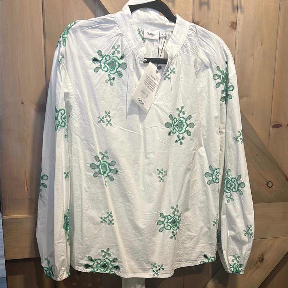 New. Sailor White Blouse with Green Embroidery